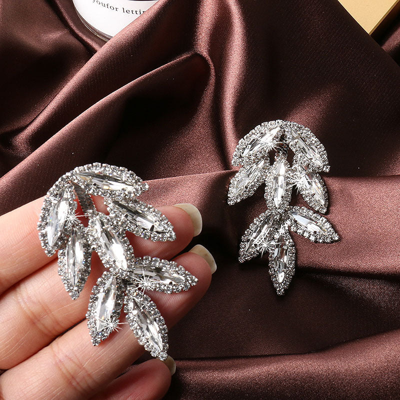 Flashing Diamond Gem Leaf Earrings 925 Silver Needle Leaf Long Tassel Earrings
