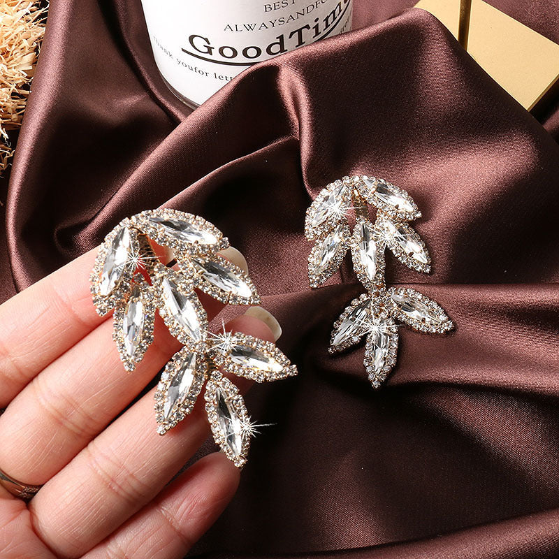Flashing Diamond Gem Leaf Earrings 925 Silver Needle Leaf Long Tassel Earrings