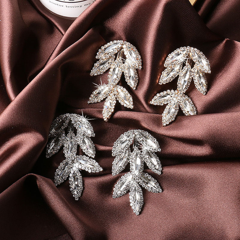 Flashing Diamond Gem Leaf Earrings 925 Silver Needle Leaf Long Tassel Earrings