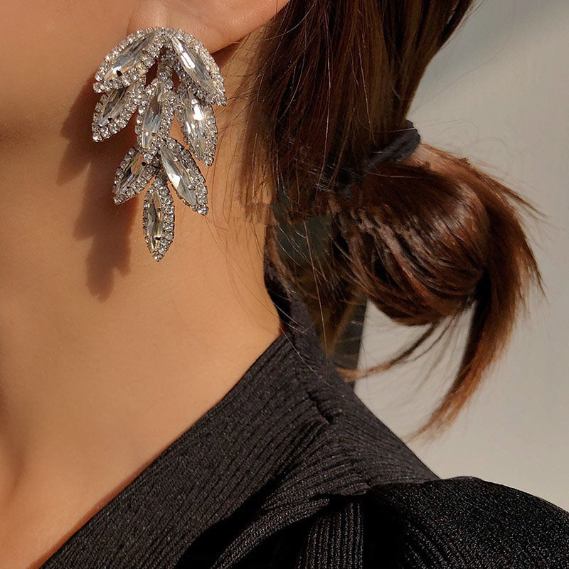 Flashing Diamond Gem Leaf Earrings 925 Silver Needle Leaf Long Tassel Earrings