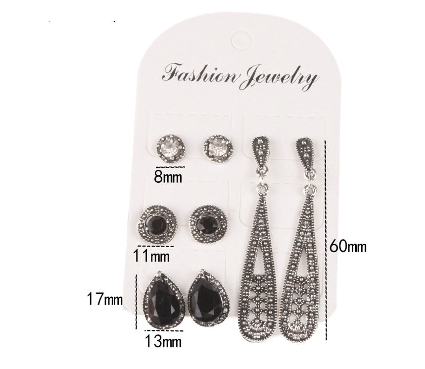 New Bohemian Black Diamond Long Vintage Zircon 4 Pair Stud Earrings Set Combination