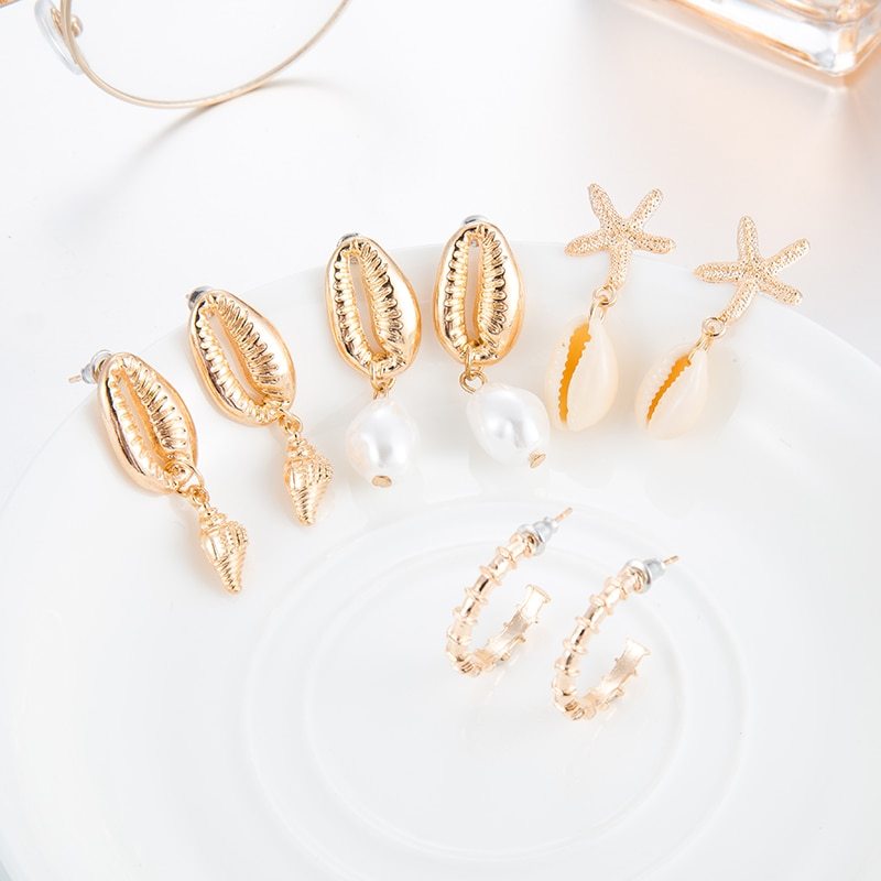 Metal shell natural conch multi-piece earrings
