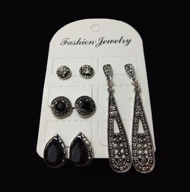 New Bohemian Black Diamond Long Vintage Zircon 4 Pair Stud Earrings Set Combination