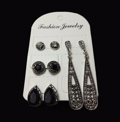 New Bohemian Black Diamond Long Vintage Zircon 4 Pair Stud Earrings Set Combination
