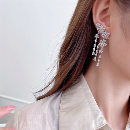 Flower Tassel Crystal Dangle Earrings
