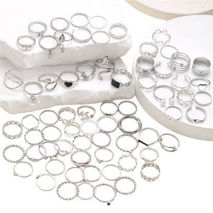 Pearl Simple Leaves Hollow Out Love Heart-shaped Ring 69-piece Set