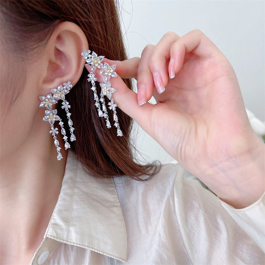 Flower Tassel Crystal Dangle Earrings