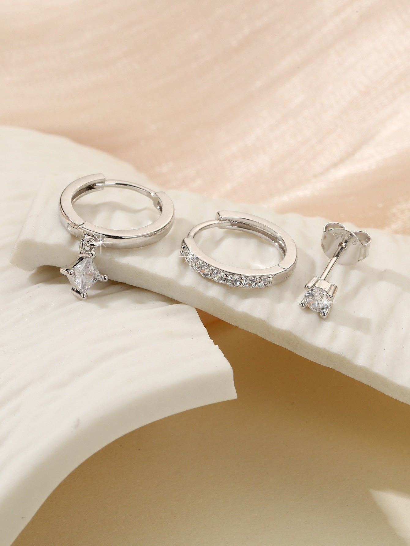 S925 Sterling Silver Zircon Diamond-embedded Geometric Earings Set