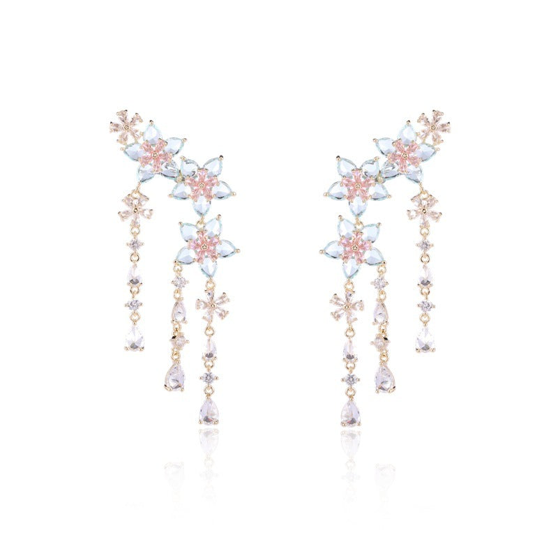 Flower Tassel Crystal Dangle Earrings