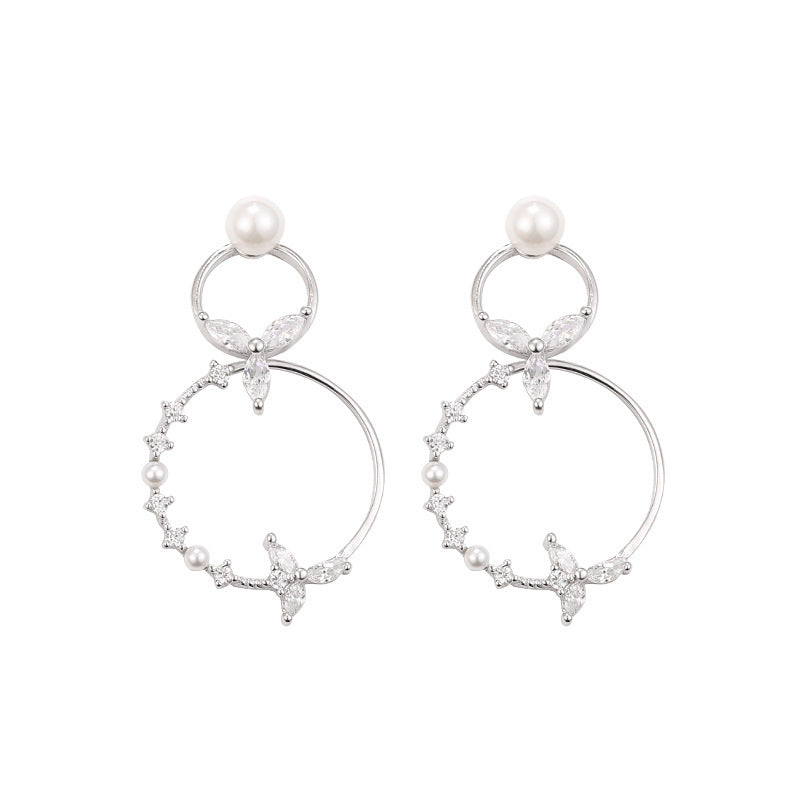 925 Sterling Silver Double Circle Pearl Drop Earrings – Elegant Gold Zircon Fashion Jewelry